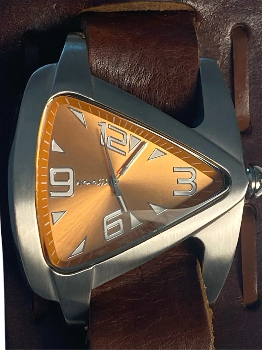 Nemesis Stainless Steel Brown Leather Cuff Watch with Orange Triangle Dial